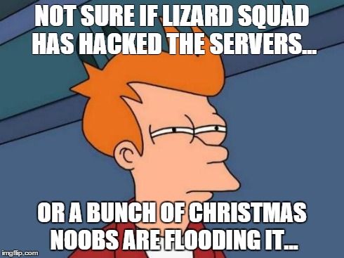Futurama Fry | NOT SURE IF LIZARD SQUAD HAS HACKED THE SERVERS... OR A BUNCH OF CHRISTMAS NOOBS ARE FLOODING IT... | image tagged in memes,futurama fry | made w/ Imgflip meme maker