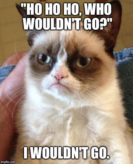 Grumpy Cat Meme | "HO HO HO, WHO WOULDN'T GO?" I WOULDN'T GO. | image tagged in memes,grumpy cat | made w/ Imgflip meme maker