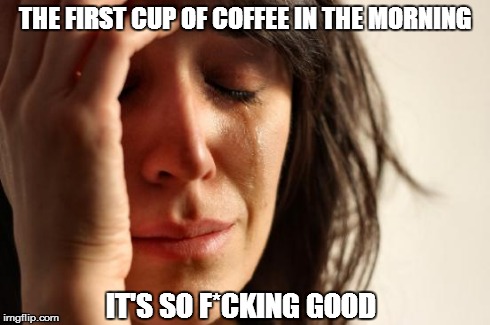 First World Problems Meme | THE FIRST CUP OF COFFEE IN THE MORNING IT'S SO F*CKING GOOD | image tagged in memes,first world problems | made w/ Imgflip meme maker