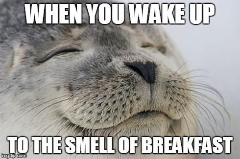 Satisfied Seal | WHEN YOU WAKE UP TO THE SMELL OF BREAKFAST | image tagged in memes,satisfied seal | made w/ Imgflip meme maker