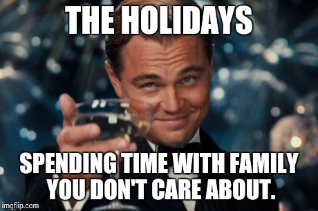 Leonardo Dicaprio Cheers | THE HOLIDAYS SPENDING TIME WITH FAMILY YOU DON'T CARE ABOUT. | image tagged in memes,leonardo dicaprio cheers | made w/ Imgflip meme maker