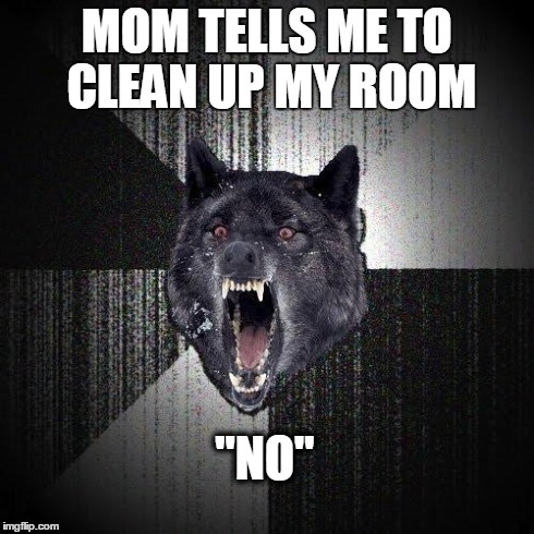 Insanity Wolf Meme | MOM TELLS ME TO CLEAN UP MY ROOM "NO" | image tagged in memes,insanity wolf,AdviceAnimals | made w/ Imgflip meme maker