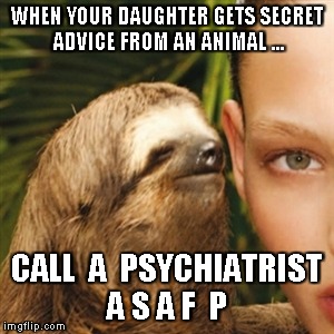 Whisper Sloth Meme | WHEN YOUR DAUGHTER GETS SECRET ADVICE FROM AN ANIMAL ... CALL  A  PSYCHIATRIST A S A F  P | image tagged in memes,whisper sloth | made w/ Imgflip meme maker