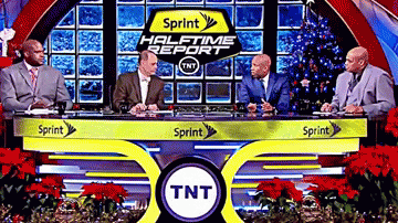 Kenny Smith shoves Shaquille O'Neal into Christmas tree (GIF)
