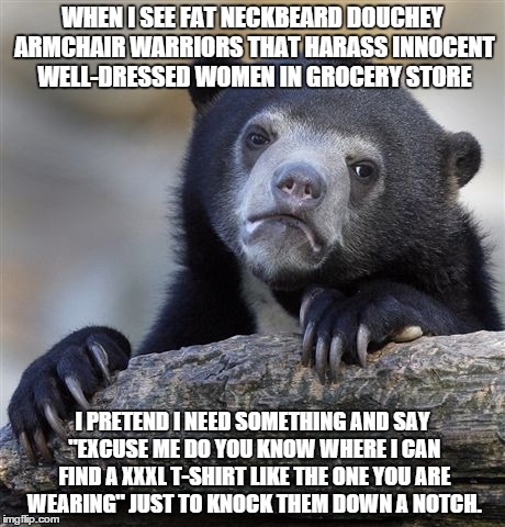 Confession Bear Meme | WHEN I SEE FAT NECKBEARD DOUCHEY ARMCHAIR WARRIORS THAT HARASS INNOCENT WELL-DRESSED WOMEN IN GROCERY STORE I PRETEND I NEED SOMETHING AND S | image tagged in memes,confession bear | made w/ Imgflip meme maker
