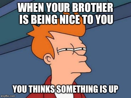 Futurama Fry Meme | WHEN YOUR BROTHER IS BEING NICE TO YOU YOU THINKS SOMETHING IS UP | image tagged in memes,futurama fry | made w/ Imgflip meme maker