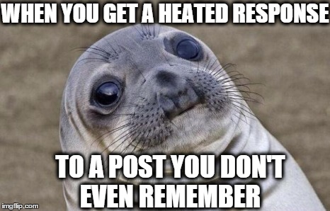 Awkward Moment Sealion | WHEN YOU GET A HEATED RESPONSE TO A POST YOU DON'T EVEN REMEMBER | image tagged in memes,awkward moment sealion | made w/ Imgflip meme maker