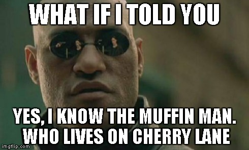 Matrix Morpheus Meme | WHAT IF I TOLD YOU YES, I KNOW THE MUFFIN MAN. WHO LIVES ON CHERRY LANE | image tagged in memes,matrix morpheus | made w/ Imgflip meme maker