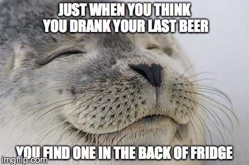 last beer | JUST WHEN YOU THINK YOU DRANK YOUR LAST BEER YOU FIND ONE IN THE BACK OF FRIDGE | image tagged in memes,satisfied seal,last,beer | made w/ Imgflip meme maker