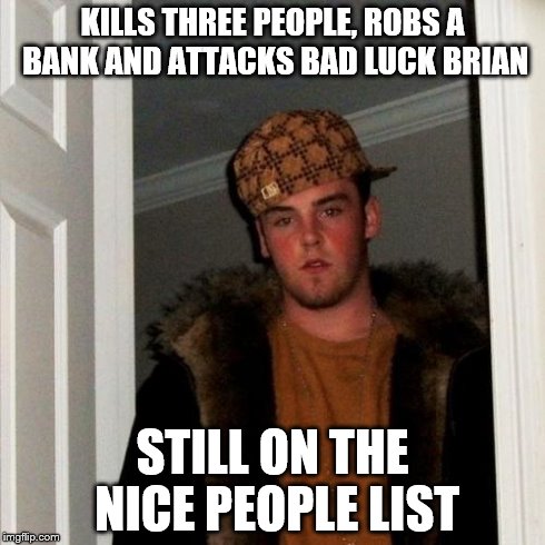 Scumbag Steve Meme | KILLS THREE PEOPLE, ROBS A BANK AND ATTACKS BAD LUCK BRIAN STILL ON THE NICE PEOPLE LIST | image tagged in memes,scumbag steve | made w/ Imgflip meme maker