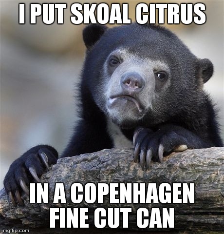 Confession Bear Meme | I PUT SKOAL CITRUS IN A COPENHAGEN FINE CUT CAN | image tagged in memes,confession bear,DippingTobacco | made w/ Imgflip meme maker