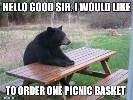 Sir Yogi of the Bears | HELLO GOOD SIR. I WOULD LIKE TO ORDER ONE PICNIC BASKET | image tagged in bear,yogi bear,funny,memes,picnic tables,picnic baskets | made w/ Imgflip meme maker