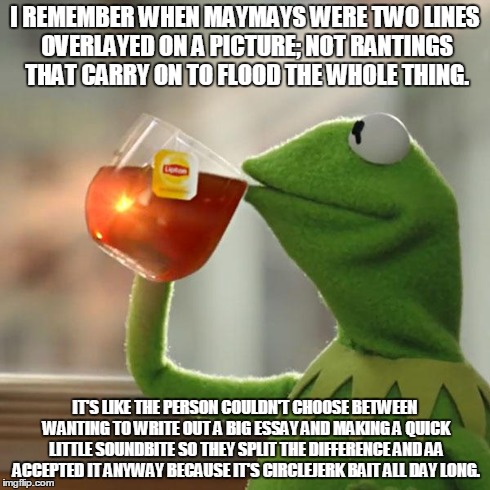 But That's None Of My Business Meme | I REMEMBER WHEN MAYMAYS WERE TWO LINES OVERLAYED ON A PICTURE; NOT RANTINGS THAT CARRY ON TO FLOOD THE WHOLE THING. IT'S LIKE THE PERSON COU | image tagged in memes,but thats none of my business,kermit the frog | made w/ Imgflip meme maker