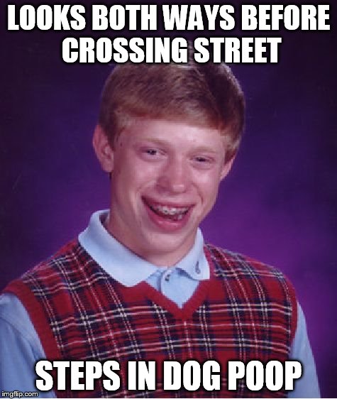 Bad Luck Brian | LOOKS BOTH WAYS BEFORE CROSSING STREET STEPS IN DOG POOP | image tagged in memes,bad luck brian | made w/ Imgflip meme maker