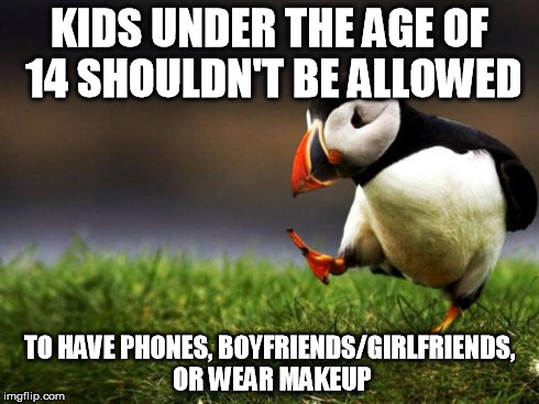 But if you're getting near that age (like if you're 13 and going to be 14 the next month or few), it's okay. | KIDS UNDER THE AGE OF 14 SHOULDN'T BE ALLOWED TO HAVE PHONES, BOYFRIENDS/GIRLFRIENDS, OR WEAR MAKEUP | image tagged in memes,unpopular opinion puffin | made w/ Imgflip meme maker