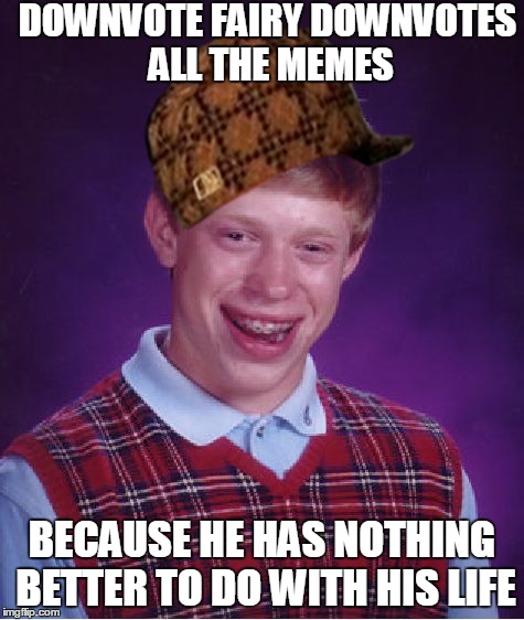 Bad Luck Brian Meme | DOWNVOTE FAIRY DOWNVOTES ALL THE MEMES BECAUSE HE HAS NOTHING BETTER TO DO WITH HIS LIFE | image tagged in memes,bad luck brian,scumbag | made w/ Imgflip meme maker
