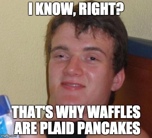 10 Guy Meme | I KNOW, RIGHT? THAT'S WHY WAFFLES ARE PLAID PANCAKES | image tagged in memes,10 guy | made w/ Imgflip meme maker