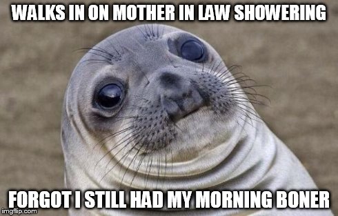 Awkward Moment Sealion Meme | WALKS IN ON MOTHER IN LAW SHOWERING FORGOT I STILL HAD MY MORNING BONER | image tagged in memes,awkward moment sealion | made w/ Imgflip meme maker