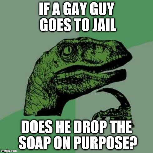 Philosoraptor Meme | IF A GAY GUY GOES TO JAIL DOES HE DROP THE SOAP ON PURPOSE? | image tagged in memes,philosoraptor | made w/ Imgflip meme maker