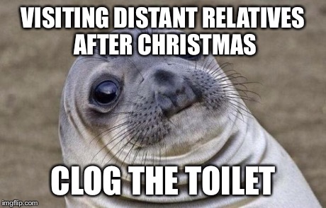 Awkward Moment Sealion | VISITING DISTANT RELATIVES AFTER CHRISTMAS CLOG THE TOILET | image tagged in memes,awkward moment sealion | made w/ Imgflip meme maker