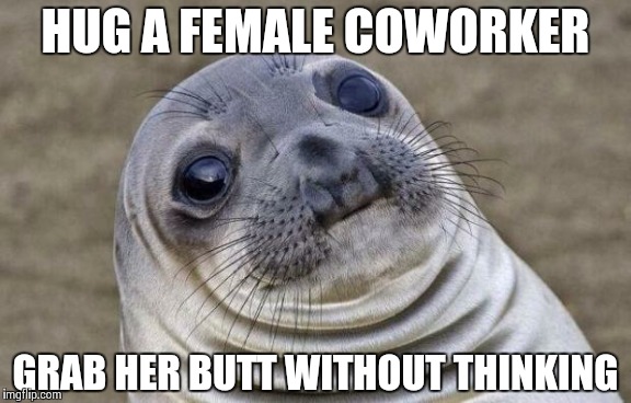 Awkward Moment Sealion Meme | HUG A FEMALE COWORKER GRAB HER BUTT WITHOUT THINKING | image tagged in memes,awkward moment sealion,AdviceAnimals | made w/ Imgflip meme maker