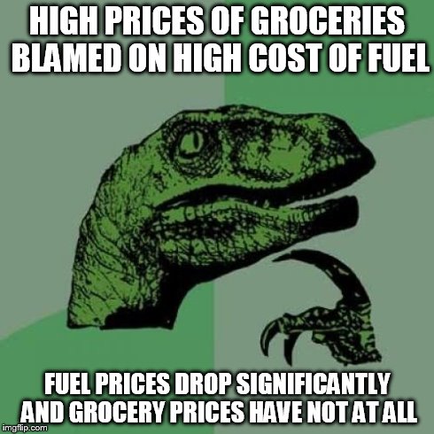 Philosoraptor Meme | HIGH PRICES OF GROCERIES BLAMED ON HIGH COST OF FUEL FUEL PRICES DROP SIGNIFICANTLY AND GROCERY PRICES HAVE NOT AT ALL | image tagged in memes,philosoraptor | made w/ Imgflip meme maker