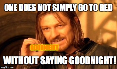 One Does Not Simply Meme | ONE DOES NOT SIMPLY GO TO BED WITHOUT SAYING GOODNIGHT! GOODNIGHT | image tagged in memes,one does not simply | made w/ Imgflip meme maker