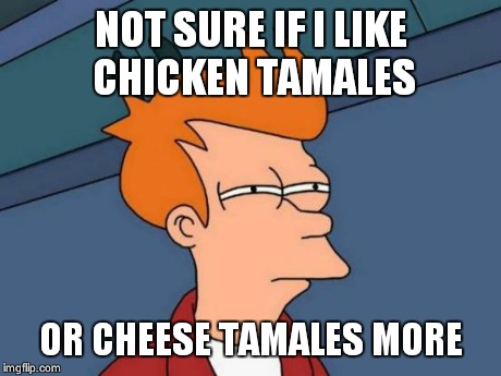 Futurama Fry Meme | NOT SURE IF I LIKE CHICKEN TAMALES OR CHEESE TAMALES MORE | image tagged in memes,futurama fry | made w/ Imgflip meme maker