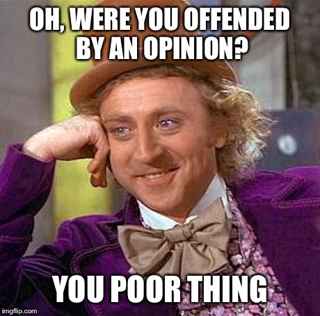 Creepy Condescending Wonka Meme | OH, WERE YOU OFFENDED BY AN OPINION? YOU POOR THING | image tagged in memes,creepy condescending wonka | made w/ Imgflip meme maker