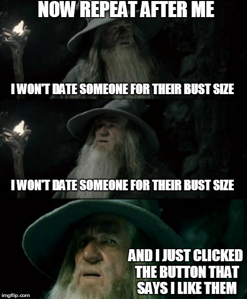 when i see a ugly chick with large boobs | I WON'T DATE SOMEONE FOR THEIR BUST SIZE I WON'T DATE SOMEONE FOR THEIR BUST SIZE AND I JUST CLICKED THE BUTTON THAT SAYS I LIKE THEM NOW RE | image tagged in memes,confused gandalf,online dating,boobs,willpower | made w/ Imgflip meme maker