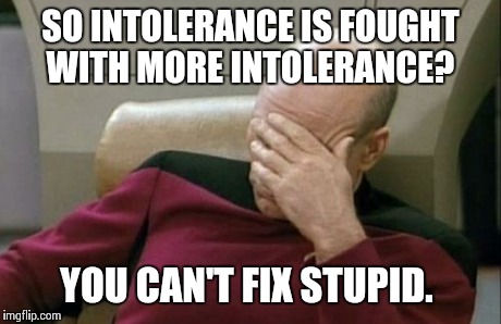 Captain Picard Facepalm Meme | SO INTOLERANCE IS FOUGHT WITH MORE INTOLERANCE? YOU CAN'T FIX STUPID. | image tagged in memes,captain picard facepalm | made w/ Imgflip meme maker