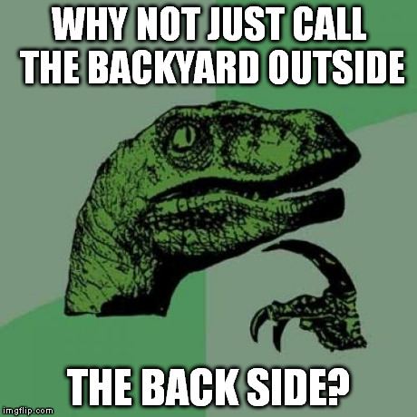 My back side is so big, you can play football on it. | WHY NOT JUST CALL THE BACKYARD OUTSIDE THE BACK SIDE? | image tagged in memes,philosoraptor | made w/ Imgflip meme maker