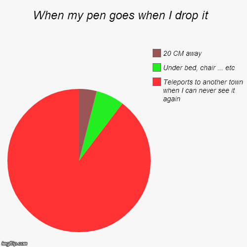 When my pen goes when I drop it  | Teleports to another town when I can never see it again, Under bed, chair ... etc, 20 CM away | image tagged in funny,pie charts | made w/ Imgflip chart maker