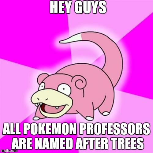 Slowpoke | HEY GUYS ALL POKEMON PROFESSORS ARE NAMED AFTER TREES | image tagged in memes,slowpoke | made w/ Imgflip meme maker