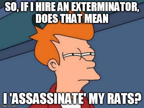 Futurama Fry Meme | SO, IF I HIRE AN EXTERMINATOR, DOES THAT MEAN I 'ASSASSINATE' MY RATS? | image tagged in memes,futurama fry | made w/ Imgflip meme maker