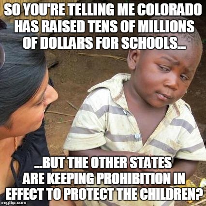 Amendment 64 | SO YOU'RE TELLING ME COLORADO HAS RAISED TENS OF MILLIONS OF DOLLARS FOR SCHOOLS... ...BUT THE OTHER STATES ARE KEEPING PROHIBITION IN EFFEC | image tagged in memes,third world skeptical kid,marijuana,colorado,weed,420 | made w/ Imgflip meme maker