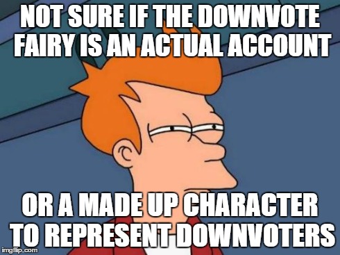 Futurama Fry Meme | NOT SURE IF THE DOWNVOTE FAIRY IS AN ACTUAL ACCOUNT OR A MADE UP CHARACTER TO REPRESENT DOWNVOTERS | image tagged in memes,futurama fry | made w/ Imgflip meme maker