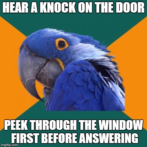 It could be anyone... | HEAR A KNOCK ON THE DOOR PEEK THROUGH THE WINDOW FIRST BEFORE ANSWERING | image tagged in memes,paranoid parrot | made w/ Imgflip meme maker