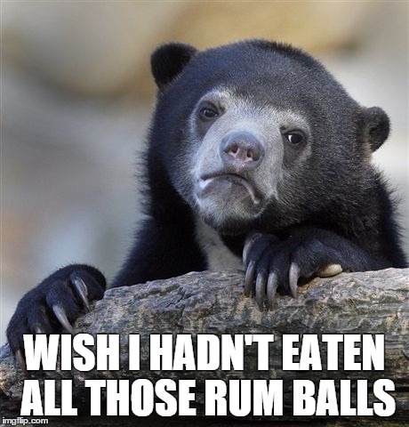 Confession Bear | WISH I HADN'T EATEN ALL THOSE RUM BALLS | image tagged in memes,confession bear | made w/ Imgflip meme maker