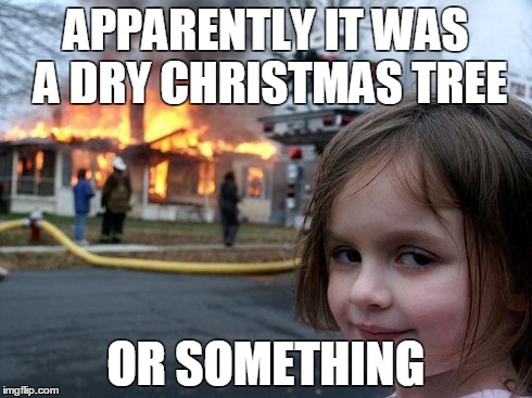 Disaster Girl Meme | APPARENTLY IT WAS A DRY CHRISTMAS TREE OR SOMETHING | image tagged in memes,disaster girl | made w/ Imgflip meme maker