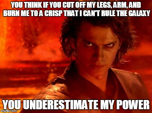 You Underestimate My Power Meme | YOU THINK IF YOU CUT OFF MY LEGS, ARM, AND BURN ME TO A CRISP THAT I CAN'T RULE THE GALAXY YOU UNDERESTIMATE MY POWER | image tagged in memes,you underestimate my power | made w/ Imgflip meme maker