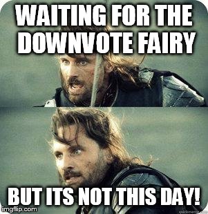 you have no power here, downvote fairy! | WAITING FOR THE DOWNVOTE FAIRY BUT ITS NOT THIS DAY! | image tagged in aragornnotthisday | made w/ Imgflip meme maker