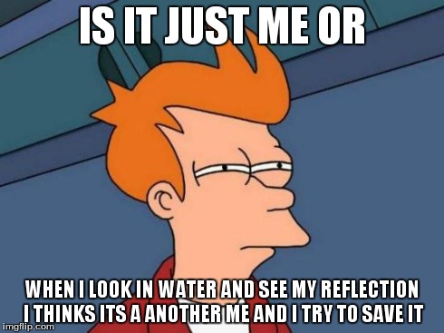 Futurama Fry Meme | IS IT JUST ME OR WHEN I LOOK IN WATER AND SEE MY REFLECTION I THINKS ITS A ANOTHER ME AND I TRY TO SAVE IT | image tagged in memes,futurama fry | made w/ Imgflip meme maker