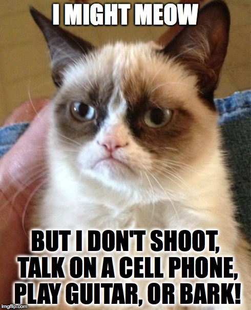 Grumpy Cat Meme | I MIGHT MEOW BUT I DON'T SHOOT, TALK ON A CELL PHONE, PLAY GUITAR, OR BARK! | image tagged in memes,grumpy cat | made w/ Imgflip meme maker