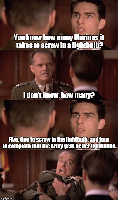 jack and tom | You know how many Marines it takes to screw in a lightbulb? I don't know, how many? Five. One to screw in the lightbulb, and four to complai | image tagged in marine corps jokes | made w/ Imgflip meme maker