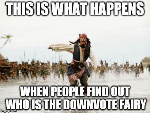 Downvote fairy being chased | THIS IS WHAT HAPPENS WHEN PEOPLE FIND OUT WHO IS THE DOWNVOTE FAIRY | image tagged in memes,jack sparrow being chased | made w/ Imgflip meme maker
