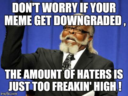 Too Damn High Meme | DON'T WORRY IF YOUR MEME GET DOWNGRADED , THE AMOUNT OF HATERS IS JUST TOO FREAKIN' HIGH ! | image tagged in memes,too damn high | made w/ Imgflip meme maker