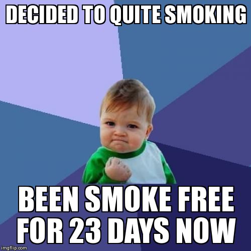 Success Kid | DECIDED TO QUITE SMOKING BEEN SMOKE FREE FOR 23 DAYS NOW | image tagged in memes,success kid | made w/ Imgflip meme maker