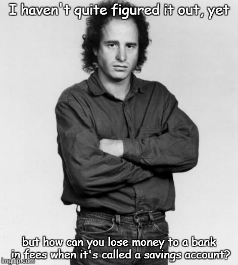 ...how can... | I haven't quite figured it out, yet but how can you lose money to a bank in fees when it's called a savings account? | image tagged in the thinker | made w/ Imgflip meme maker
