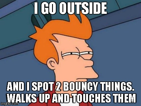 Futurama Fry Meme | I GO OUTSIDE AND I SPOT 2 BOUNCY THINGS. WALKS UP AND TOUCHES THEM | image tagged in memes,futurama fry | made w/ Imgflip meme maker